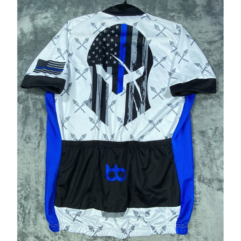 BB Cycling Jersey MensXL White Pockets All Over Print Full Zip Stretch USA Flag
